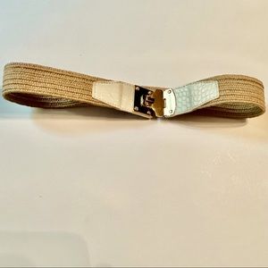 Michael Kors Woven Stretchy Tan Belt With Gold Hardware/White Leather Tabs XS/S